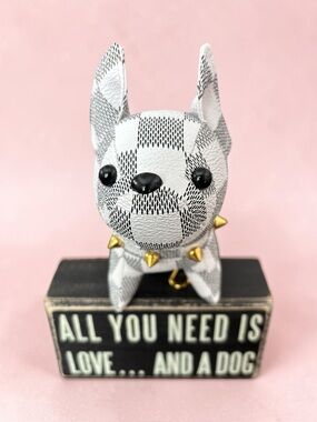French Bulldog Checkered Bag Charm Keychain White Gold Stud Collar NWT